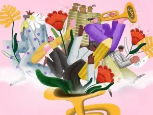 Custom banner frame illustration for Kunstloc Brabant's website, visualizing cultural participation through vibrant and inclusive design – by Bristu Studio.